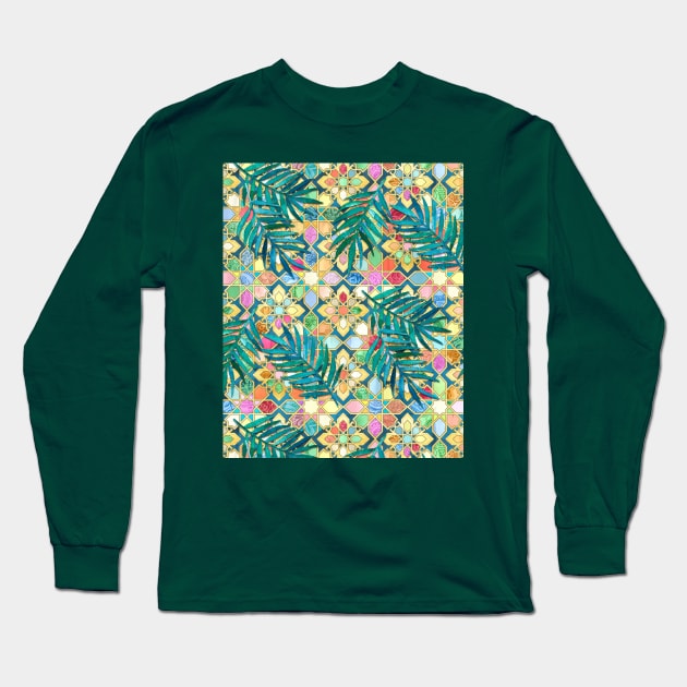 Muted Moroccan Mosaic Tiles with Palm Leaves Long Sleeve T-Shirt by micklyn